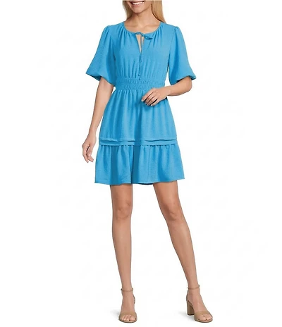 Leslie Fay Scoop Neck Elastic Sleeve Pleated Dress
