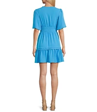 Leslie Fay Scoop Neck Elastic Sleeve Pleated Dress