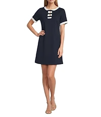 Leslie Fay Scuba Crepe Round Neck Contrast Trim Bow Front Short Sleeve Dress