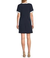 Leslie Fay Scuba Crepe Round Neck Contrast Trim Bow Front Short Sleeve Dress