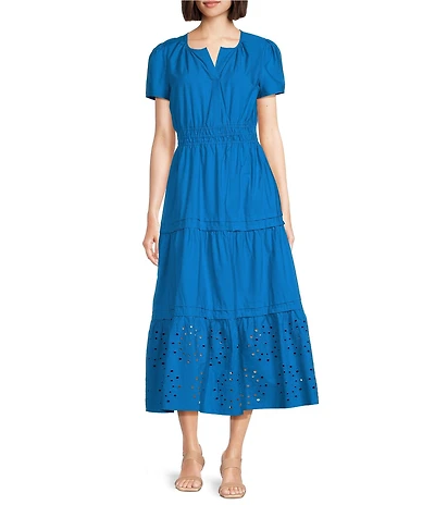 Leslie Fay Short Sleeve A-Line Cotton Poplin Maxi Dress