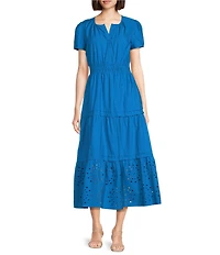 Leslie Fay Short Sleeve A-Line Cotton Poplin Maxi Dress