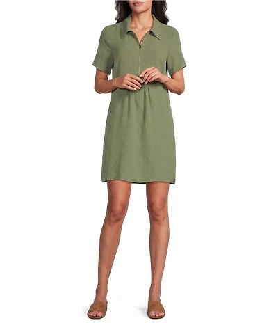 Leslie Fay Short Sleeve Shirt Collar Neck Zip Front Dress