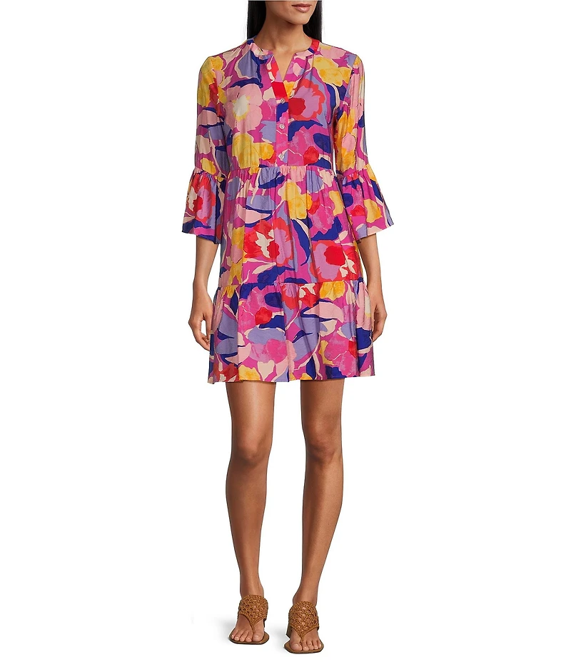 Leslie Fay Split V-Neck 3/4 Bell Sleeve Printed Dress