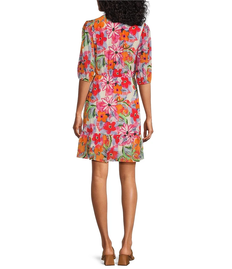 Leslie Fay Split V-Neck Cinched Waist Button Front Dress