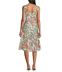 Leslie Fay Square Neck Cotton Poplin Floral Fit and Flare Midi Dress