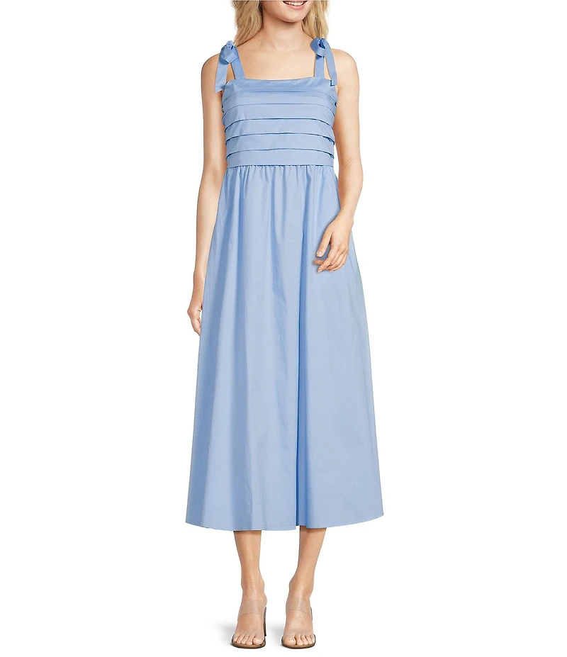 Leslie Fay Square Neck Sleeveless Pleaded Bodice Cotton Poplin Fit and Flare Midi Dress