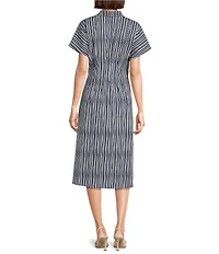 Leslie Fay Striped Cotton Poplin Drop Shoulder Cinched Waist Midi Shirt Dress