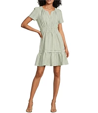 Leslie Fay Striped Print Scoop V-Neck Short Sleeve Tiered Fit And Flare Dress