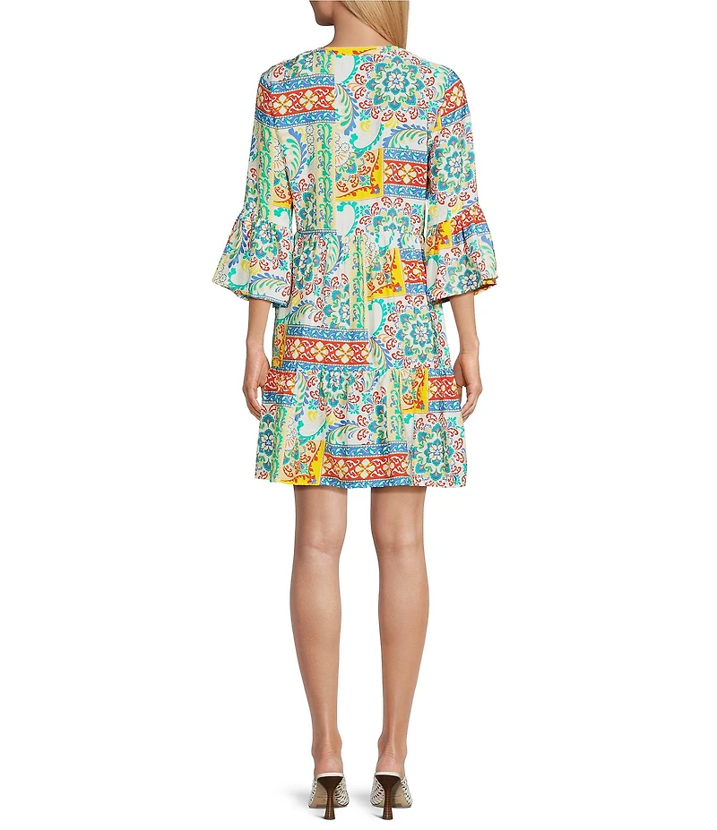 Leslie Fay V Neck 3/4 Sleeve Tiered Dress