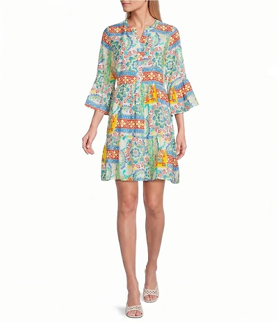 Leslie Fay V Neck 3/4 Sleeve Tiered Dress