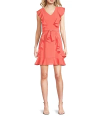 Leslie Fay V Neck Cap Sleeve Tie Sash Ruffle Sheath Dress