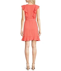 Leslie Fay V Neck Cap Sleeve Tie Sash Ruffle Sheath Dress