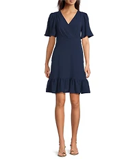 Leslie Fay V-Neck Short Sleeve Fit and Flare Dress