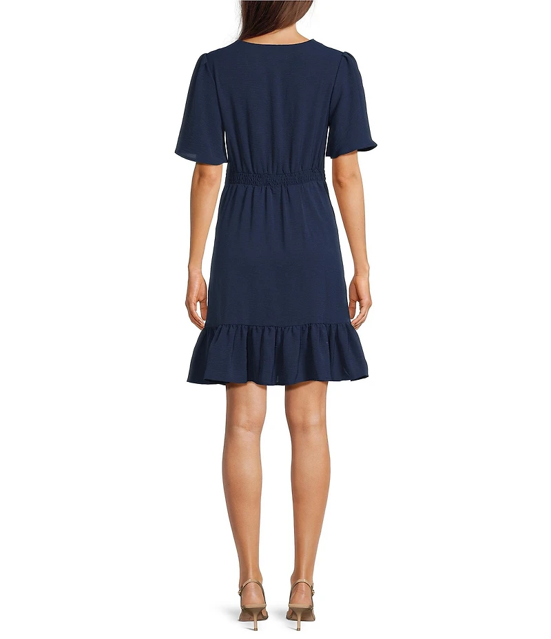 Leslie Fay V-Neck Short Sleeve Fit and Flare Dress