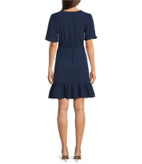 Leslie Fay V-Neck Short Sleeve Fit and Flare Dress