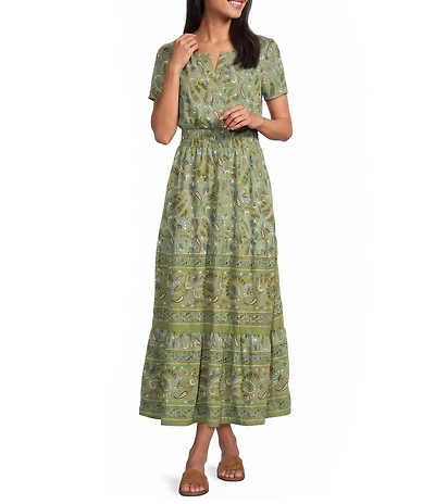Leslie Fay V Neck Short Sleeve Paisley Print Tiered Skirt Midi Dress