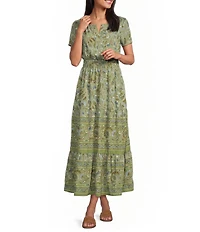 Leslie Fay V Neck Short Sleeve Paisley Print Tiered Skirt Midi Dress