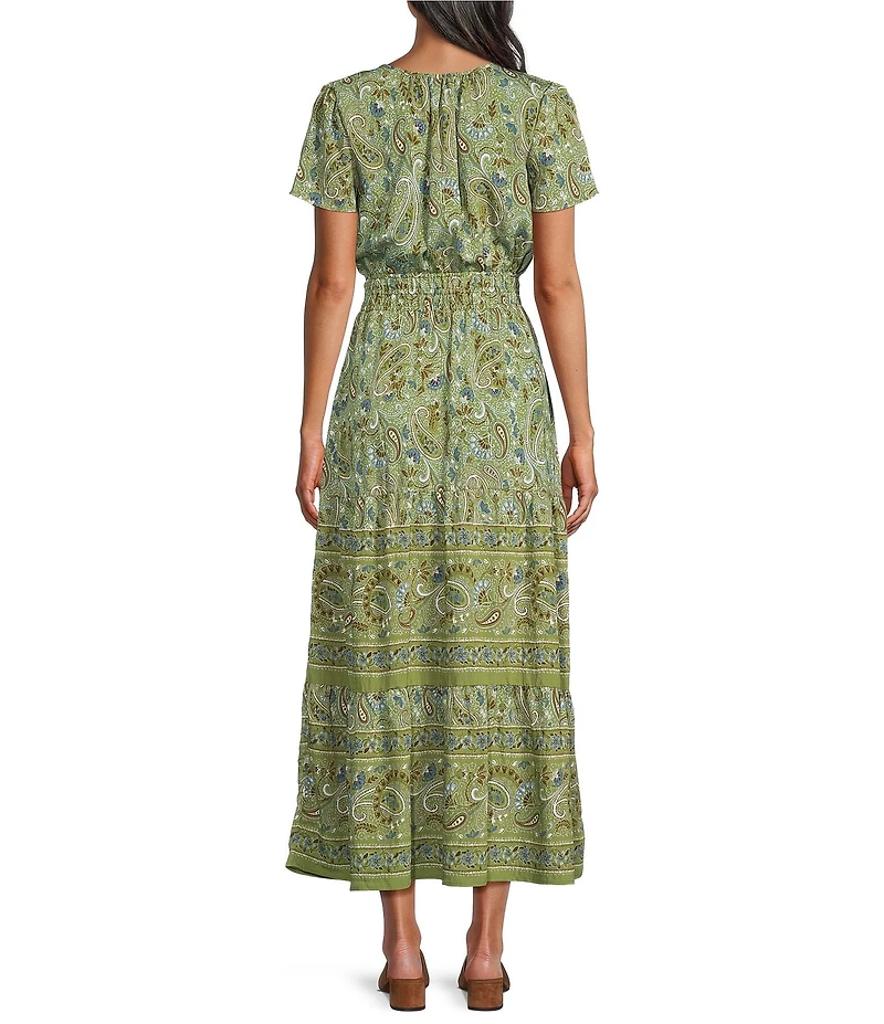 Leslie Fay V Neck Short Sleeve Paisley Print Tiered Skirt Midi Dress