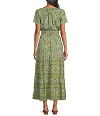 Leslie Fay V Neck Short Sleeve Paisley Print Tiered Skirt Midi Dress