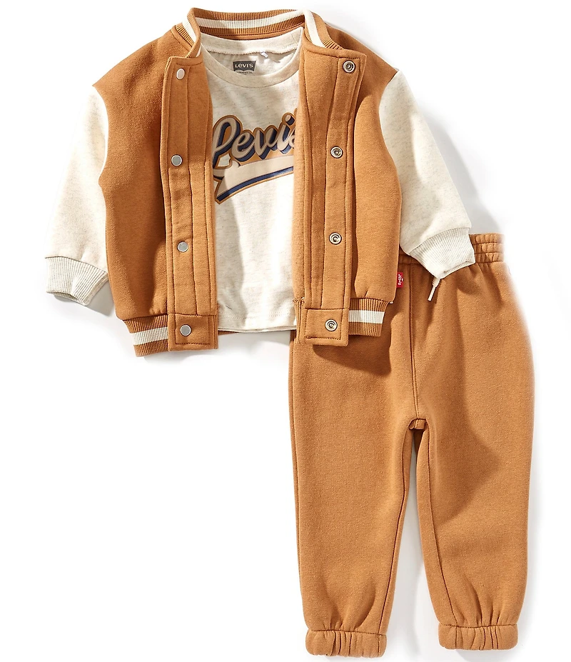 Levi's® Baby Boys Long-Sleeve Color Block Fleece Bomber Jacket, Short Sleeve Logo Jersey T-Shirt & Solid Fleece Jogger Pant Set
