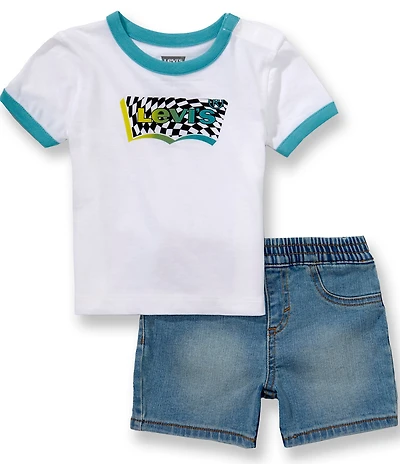 Levi's® Baby Boys Short Sleeves Batwing Ringer Tee & Denim Shorts 2-Piece Set
