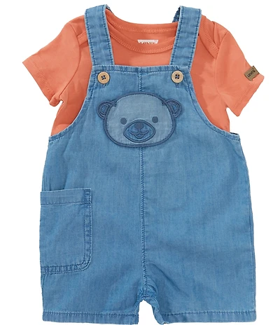 Levi's® Baby Girls Bear-Face-Applique Pocketed Twill Romper & Short Sleeve Jersey Bodysuit Set