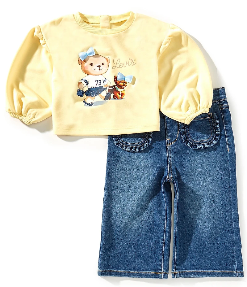 Levi's® Baby Girls Balloon-Sleeve Bear/Dog Graphic T-Shirt & Denim Jeans Set