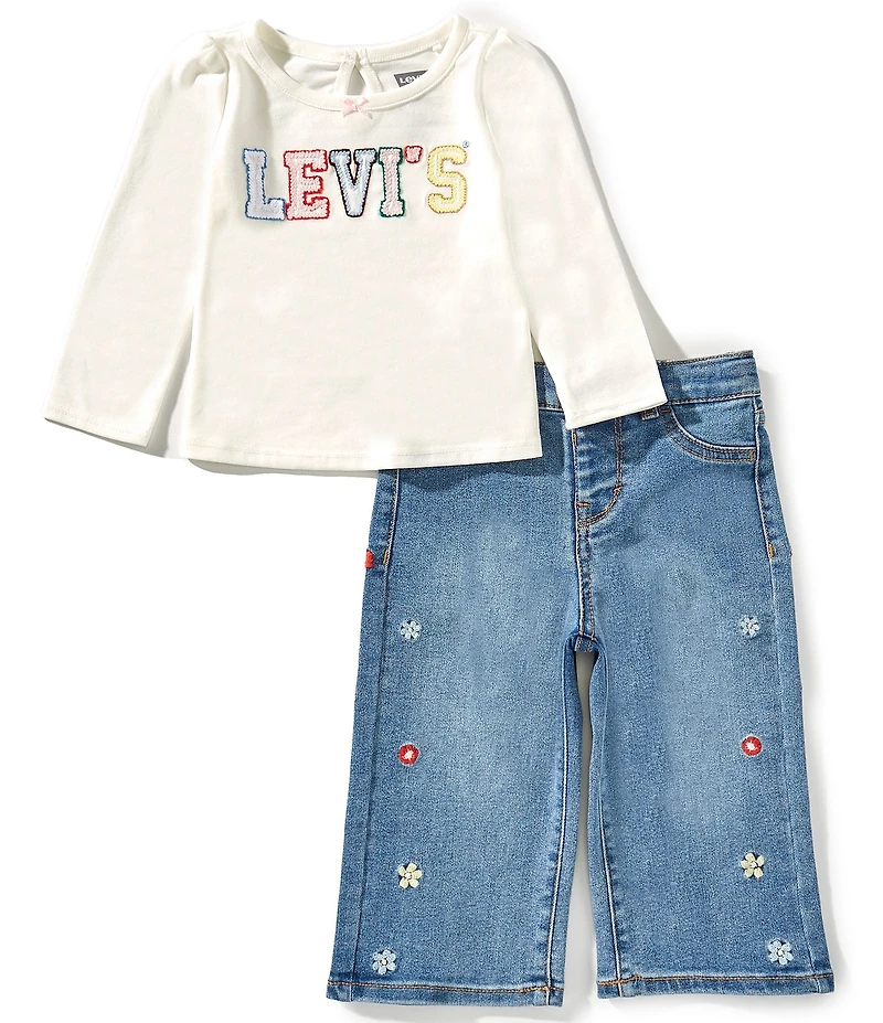 Levi's® Baby Girls Long-Sleeve Graphic Printed Crocheted-Detailed Jersey Top & High-Rise Slim-Fit Jeans Set