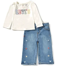 Levi's® Baby Girls Long-Sleeve Graphic Printed Crocheted-Detailed Jersey Top & High-Rise Slim-Fit Jeans Set