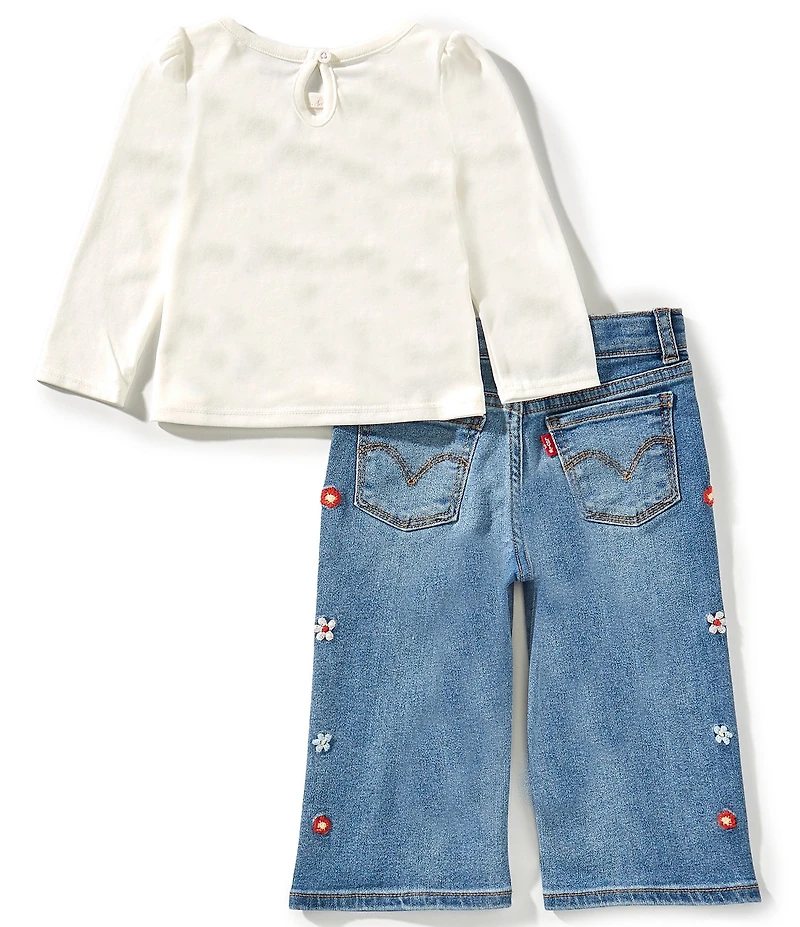 Levi's® Baby Girls Long-Sleeve Graphic Printed Crocheted-Detailed Jersey Top & High-Rise Slim-Fit Jeans Set
