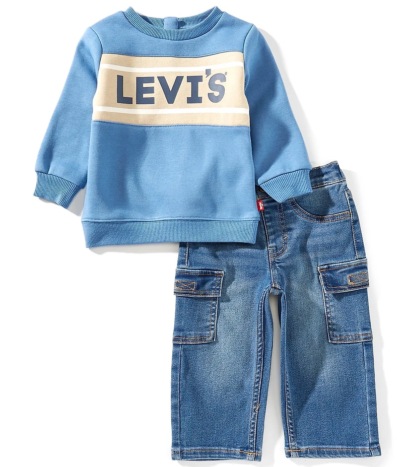 Levi's® Baby Girls Long-Sleeve Stay Loose Logo Fleece Sweatshirt & Stretch Cargo Denim Jeans Set