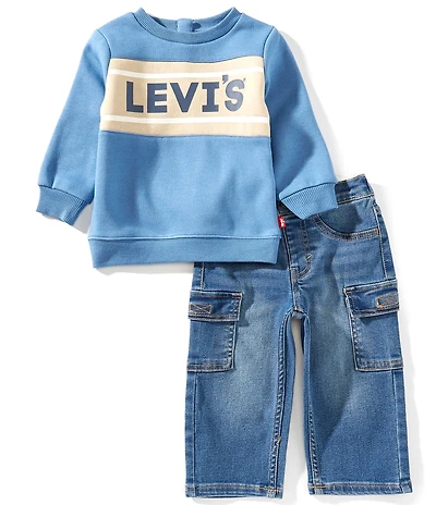 Levi's® Baby Girls Long-Sleeve Stay Loose Logo Fleece Sweatshirt & Stretch Cargo Denim Jeans Set