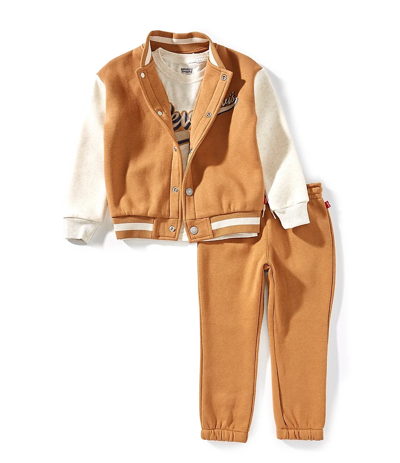 Levi's® Little Boys Long-Sleeve Color Block Varsity Bomber Jacket, Short-Sleeve Big-Logo T-Shirt & Jogger Pants Set