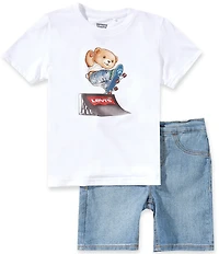 Levi's® Little Boys Short-Sleeve Skateboarder Bear T-Shirt & Denim Shorts Set