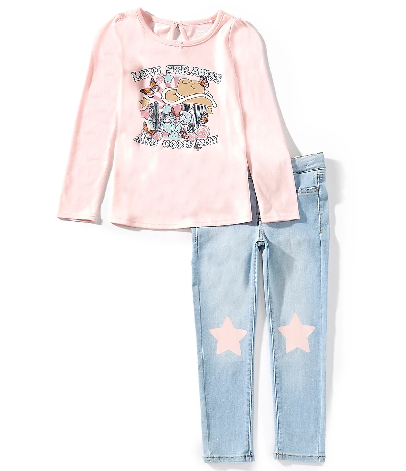 Levi's® Little Girls Long-Sleeve Graphic Jersey T-Shirt & 5-Pocket Star-Patch Jeans Set