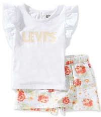 Levi's® Little Girls Lace Trim Flutter Sleeves Top & Floral Print Skort Set
