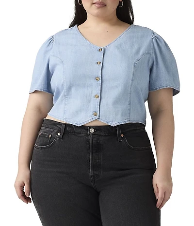 Levi's® Plus Size Moxie Cotton V-Neck Short Sleeve Button Front Denim Blouse