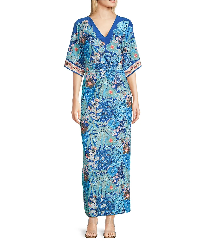 Lilly Pulitzer Adalyn Best Fronds Forever Print Jersey V-Neck Elbow Sleeve Tie Front Maxi Kimono Dress