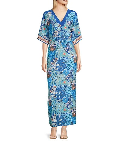 Lilly Pulitzer Adalyn Best Fronds Forever Print Jersey V-Neck Elbow Sleeve Tie Front Maxi Kimono Dress