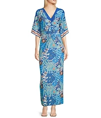 Lilly Pulitzer Adalyn Best Fronds Forever Print Jersey V-Neck Elbow Sleeve Tie Front Maxi Kimono Dress