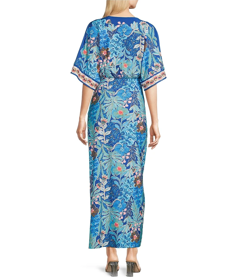 Lilly Pulitzer Adalyn Best Fronds Forever Print Jersey V-Neck Elbow Sleeve Tie Front Maxi Kimono Dress