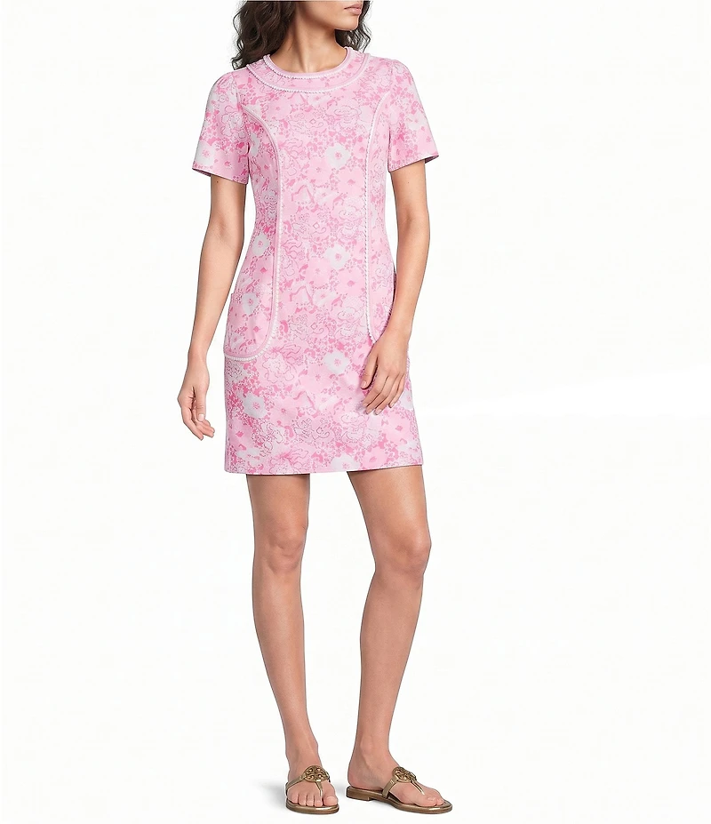 Lilly Pulitzer Adette Stretch Poplin Floral Print Crew Neck Short Sleeve Shift Dress