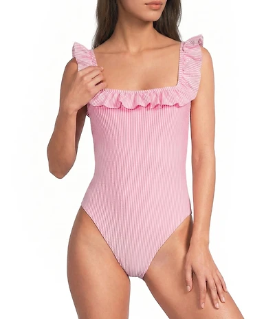 Lilly Pulitzer Aemma Seersucker Stripe Ruffle One Piece Swimsuit