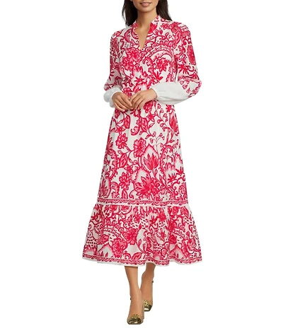 Lilly Pulitzer Axton Spicy Socialite Printed Twill Notch Neck Long Sleeve Midi Dress