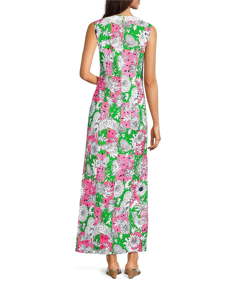 Lilly Pulitzer Barberine Chicken Check Print Crew Neck Sleeveless Lilly Lace Applique Shift Maxi Dress