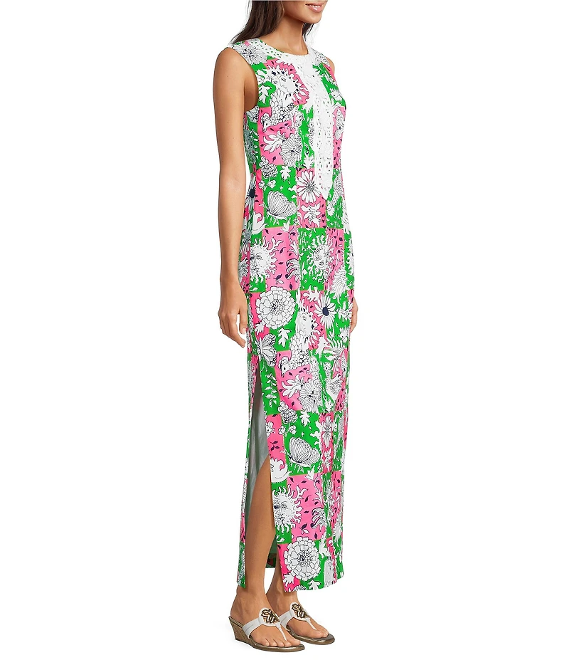 Lilly Pulitzer Barberine Chicken Check Print Crew Neck Sleeveless Lilly Lace Applique Shift Maxi Dress