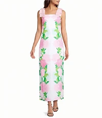 Lilly Pulitzer Bernice Satin Back Crepe Floral Print Square Neck Sleeveless Bow Shoulder Maxi Dress