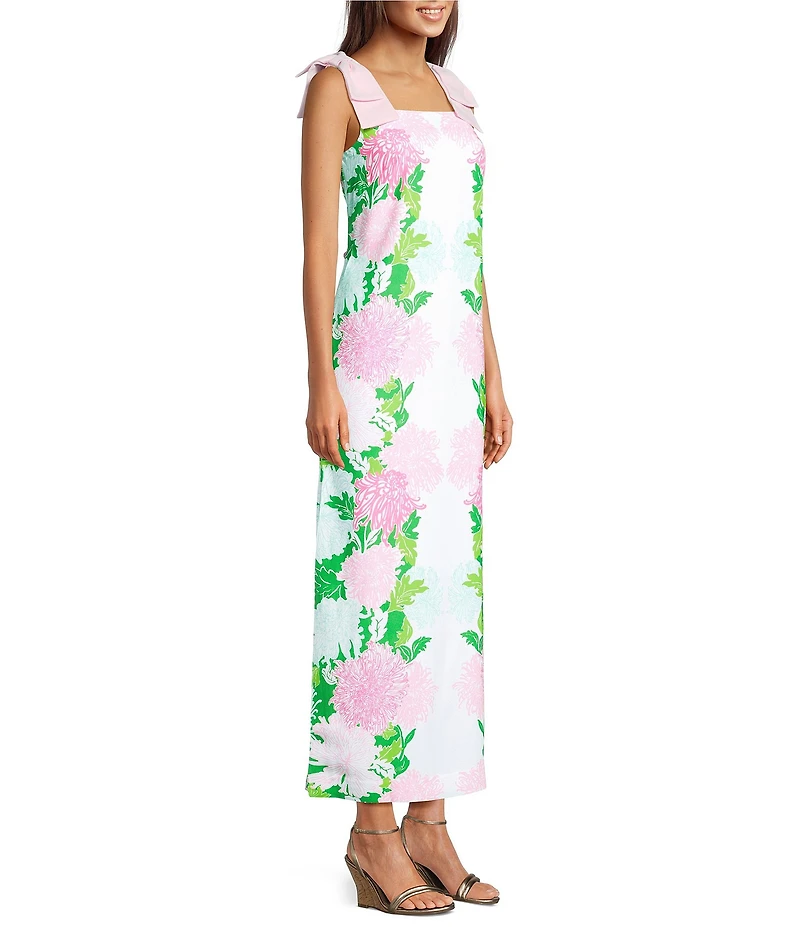 Lilly Pulitzer Bernice Satin Back Crepe Floral Print Square Neck Sleeveless Bow Shoulder Maxi Dress