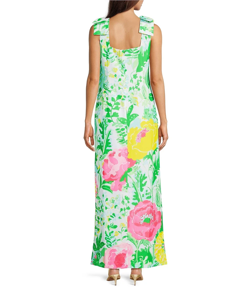 Lilly Pulitzer Bernice Satin Back Crepe Poppy Party Print Square Neck Sleeveless Bow Shoulder Midi Dress